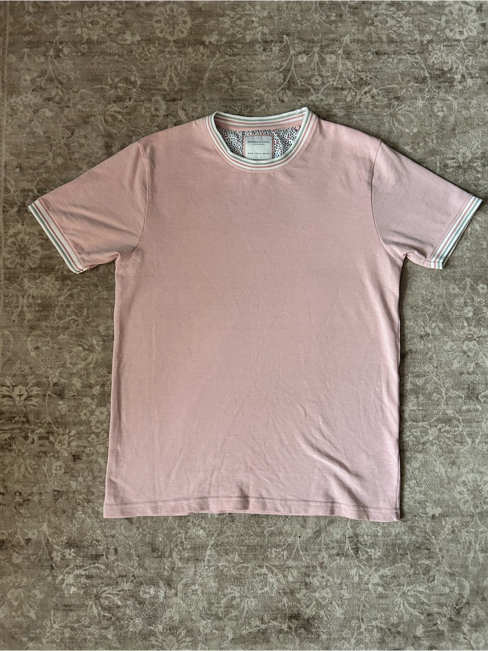 Denim & Flower Soft Pink Short-Sleeve Crewneck Tee with Striped Trim
